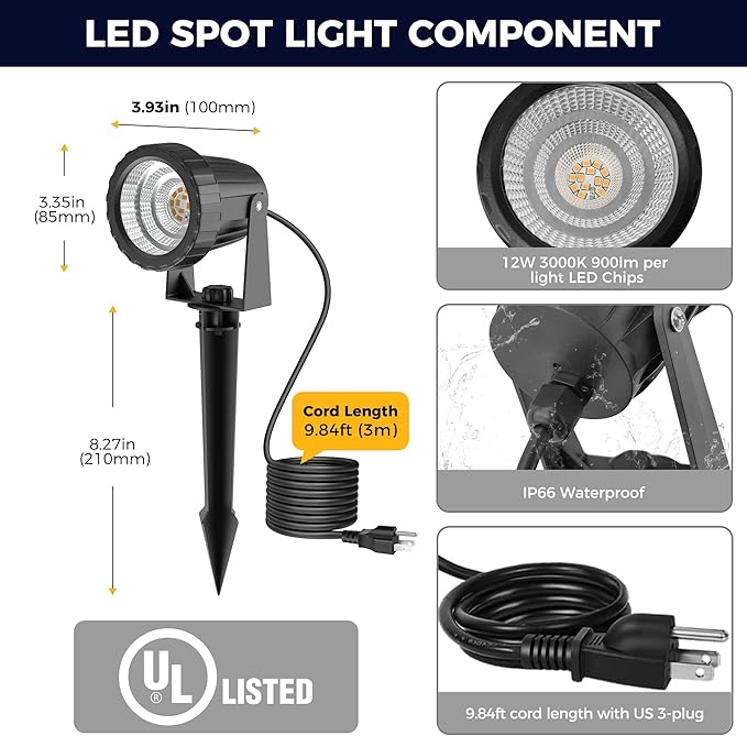 L LOHAS LED 12W Dusk to Dawn Outdoor Lighting, Auto On/Off 3000K Landscape Outdoor Spotlight, IP66 Waterproof Plug in Spot Lights for Yard, Garden, House, Pathway, Plant(2 Pack) - Aura Lighting