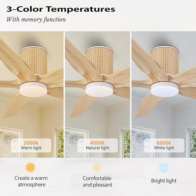54" Ceiling Fan with Light - Low Profile Flush Mount Ceiling Fan, 6-Speed Remote Control, Solid Wood, Quiet Reversible DC Motor, Wood/White Finish, for Bedroom, Living Room, Porch - Aura Lighting