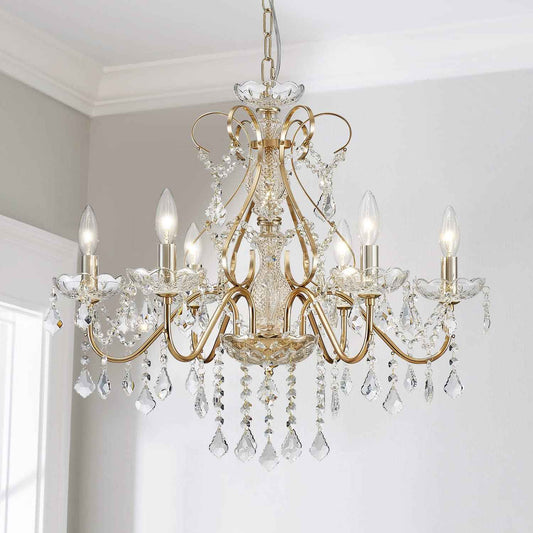 Saint Mossi 6 Light Crystal Chandelier Light Fixture Modern Chandelier Crystal Lighting, French Gold Crystal Raindrop Chandelier for Dining Room,Bedroom,Living Room, H23 x D24