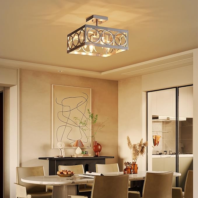 XINGQI Brushed Nickel Ceiling 4-Light 13'' Modern Semi Flush Mount Ceiling Light Fixture Rustic Chandelier Ceiling Lamp for Bedroom Living Dining Room with Square Metal Shade, E12 Bulbs - Aura Lighting