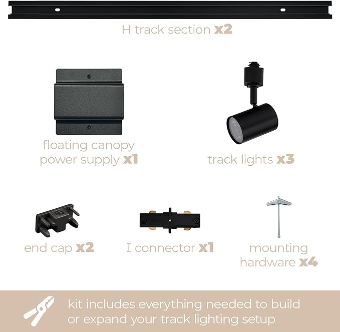 Amped Collection 3-Light 48in Field Cuttable LED Track Lighting Kit with 3 LED 3000K Warm White Track Heads, 4ft Track, End Caps, Floating Feed in Black Finish - Aura Lighting