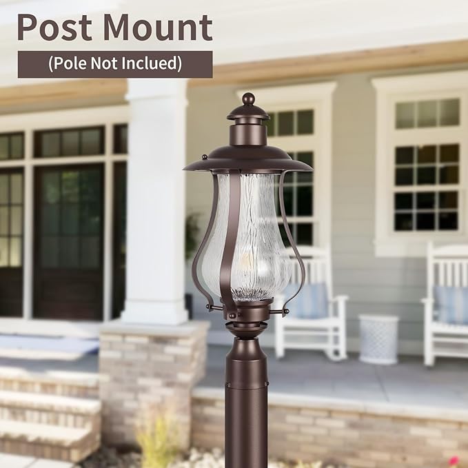Treekee Outdoor Post Light Fixture, Vintage Brown Pole Lantern with Wood Grain Glass, Farmhouse Exterior Post Lamp with E26 Socket for Garden, Pathway, Patio, Porch, Courtyard, Driveway, Street - Aura Lighting