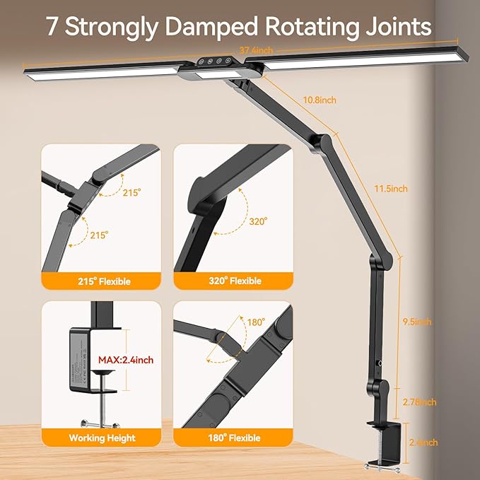 LED Architect Desk Lamp with Clamp - 24W Ultra Bright Adjustable Swing Arm Light for Home Office, 3000 Lumen Auto Dimming Computer Lamp with Stepless Touch Control, Rotatable for Video Calls, Drafting - Aura Lighting
