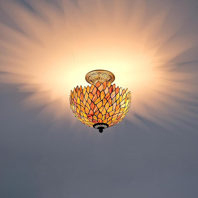 Wisteria Style Tiffany Ceiling Light Fixture Stained Glass Semi Flush Mount Lamp Wide 12 Inch Height 11 Inch Vintage Inspired Lighting Statement for Bedroom Hallway Entryway (Green)