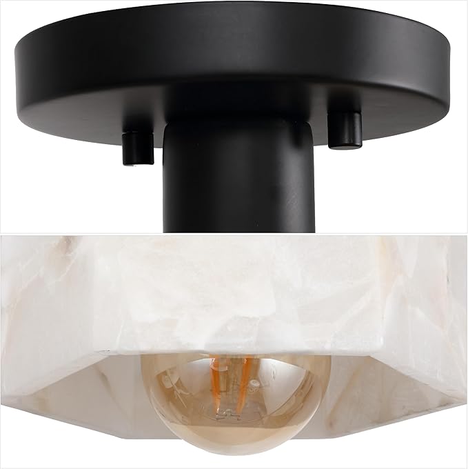 JONATHAN Y 8" White Marbling/Black Modern 1-Light Hexagonal LED Semi Flush Mount Ceiling Light, White Alabaster Marble Shade, Glam Lamp for Hallway, Bedroom, Bathroom, LED Bulb Included (JYL1204B)