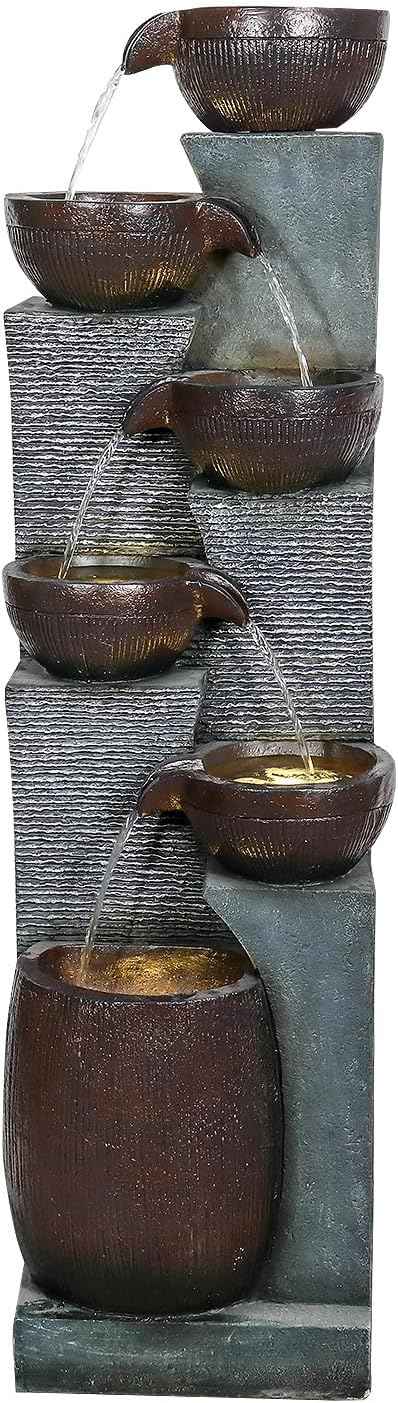 SunJet 6-Tiers Indoor/Outdoor Garden Water Fountain - 53.5inches Modern Floor-Standing Cascading Water Feature - Suitable for Deck, Patio, Porch, Yard Decor