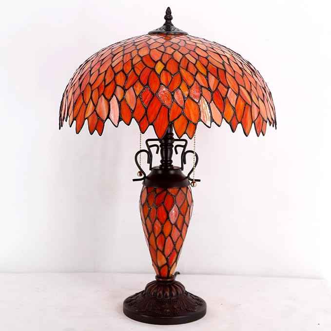 WERFACTORY Tiffany Style Table Lamp Red Stained Glass Wisteria Mather-Daughter Vase Lamp 16X16X24 Inch Antique Desk Reading Light Decor Bedroom Living Room Home Office S523R Series