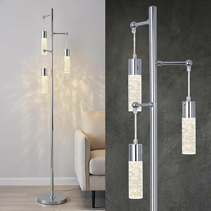 Bubble Crystal Floor Lamps for Living Room, Industrial Modern Standing Lamp with 3 Built-in LED Lights, ON/Off Foot Switch, 65IN Tall Tree Floor Lamp for Bedroom Corner Home Office, Silver