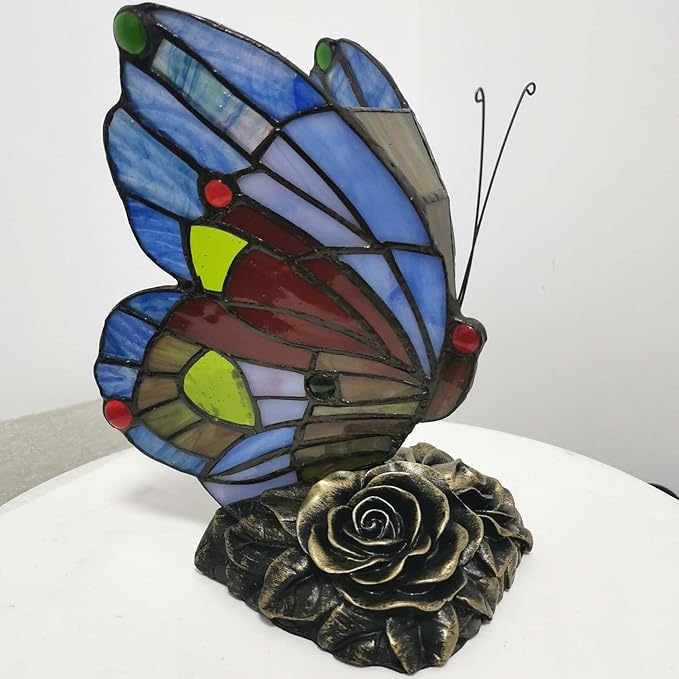 Bieye L10042 Butterfly Tiffany Style Stained Glass Accent Table Lamp Night Light for Bedside Bedroom Living Room (Multi-Colored E)