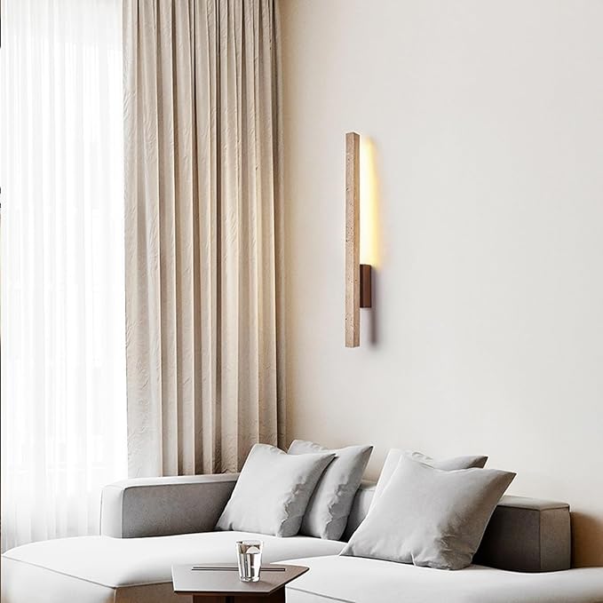 Japanese Style Stone Wall Sconce, Natural Yellow Travertine Wall Lamp, 8W LED Warm Light 3000K Wall Light, Wabi-Sabi Art Light Fixture for Living Room Bedroom Bedside Hallway(Walnut)