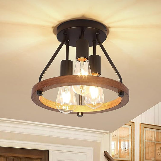 Modern Farmhouse Wood Semi Flush Mount Ceiling Light, Hallway Entryway Light Fixtures, 3-Light Rustic Industrial Ceiling Lamp for Kitchen Bedroom Dining Room Laundry Room Lighting, UL-Listed - Aura Lighting
