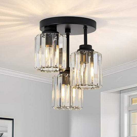 3-Light Modern Semi Flush Mount Ceiling Light, Crystal Ceiling Light with Clear K9 Crystal Shades, Black Close to Ceiling Light Fixtures for Hallway Kitchen Bathroom Entryway - Aura Lighting