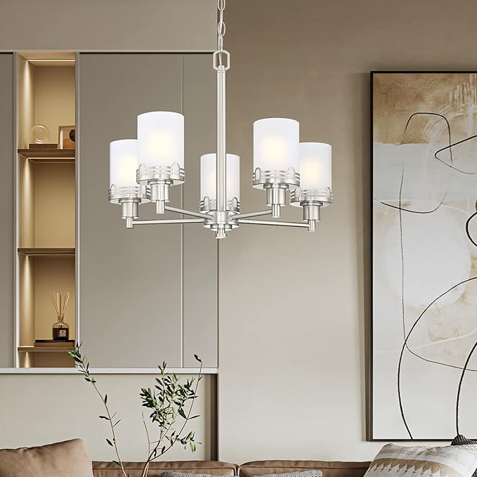 Doraimi Lighting 5 Light Fashion Kitchen Island Frosted Glass Shade+Hollow Metal Shade Chandelier Light Fixture,Brushed Nickel Finish Dining Room Living Room Corridor Bedroom - Aura Lighting
