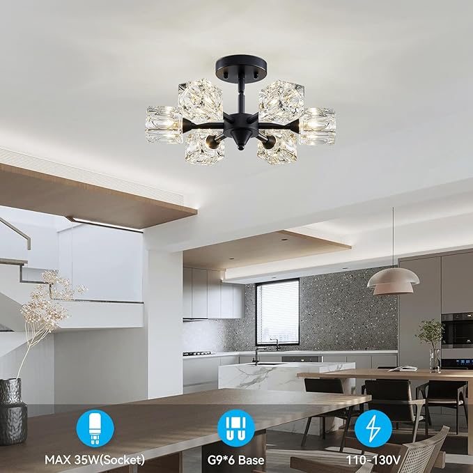 XINGQI Modern Sputnik Chandelier 6-Lights Black Ceiling Light Fixture Small Farmhouse Semi Flush Mount Ceiling Light Glass Industrial Lighting for Hallway Dining Room Living Room Kitchen Bedroom - Aura Lighting