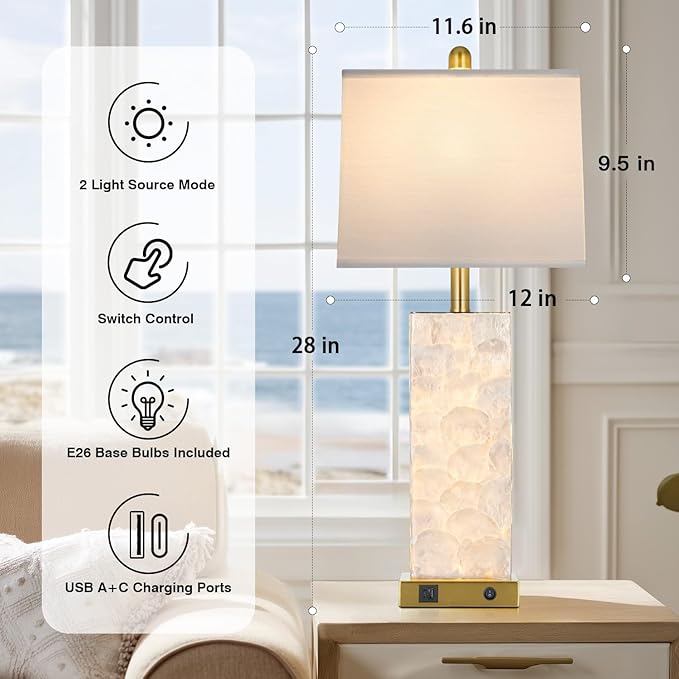 28" Coastal Table Lamps for Living Room, Bedside Lamps with Night Light, USB A+C Ports, Modern Sea Shell Bedside Night Stands Light for Beachy Cottage Decor (Gold 1Pack