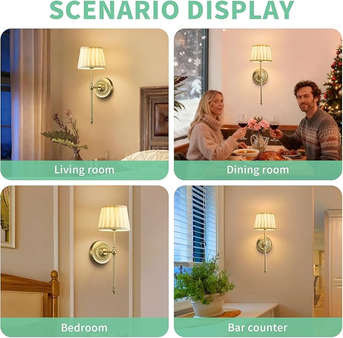 Cordless Wall Sconces Set of 2,10000mAh Battery Operated Wall Sconces Set of Two with RGB LED, Remote, Timer & Dimmable Fabric Gold Wall Lamps for Bedroom, Living Room, Hallway, Night Light (Gold) - Aura Lighting