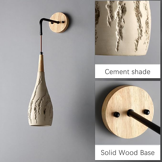 Modern Cement Wall Sconce Lighting, Nordic Solid Wood Hanging Wall Lamp, Interior Decoration Wall Light Fixtures, Japanese Style Wabi Sabi Art Decor Wall Sconces for Bedroom Bedside Hallway