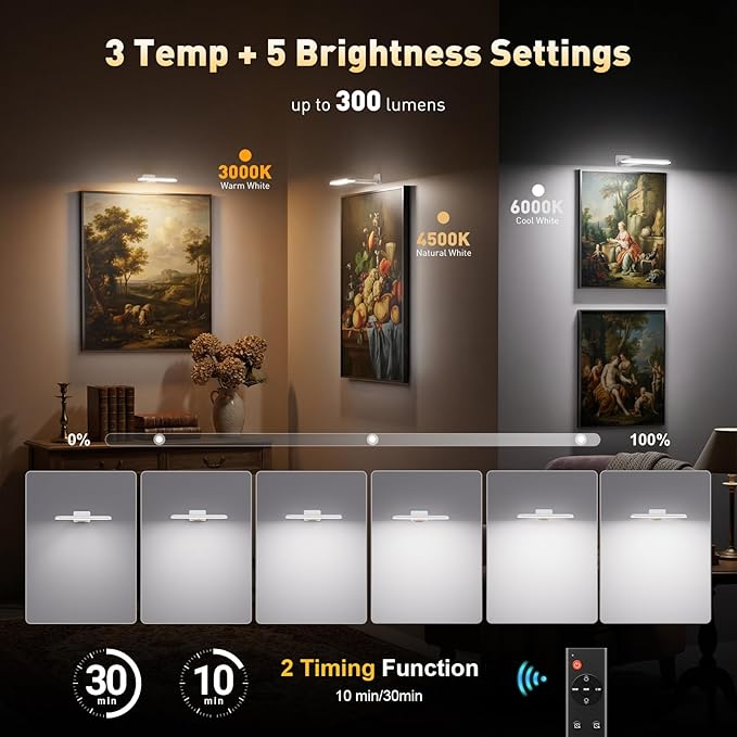 2 Pack Picture Lights for Wall, Rechargeable LED Picture Light Battery Operated with Remote, Dimmable Poster Light for Paintings, Portraits, Art Frames, Display Lighting for Wall Decor,White
