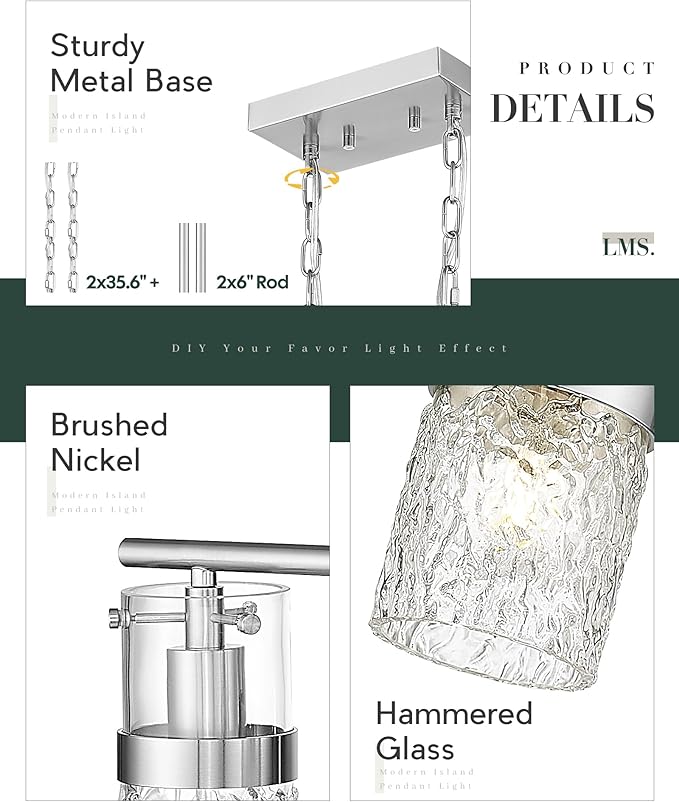 LMS 4-Light Brushed Nickel Island Chandelier Lights for Kitchen, Mid Century Pendant Light with Hammered Glass Shade, Farmhouse Dining Room Light Fixture, Kitchen Island, LMS-171BN-4 - Aura Lighting