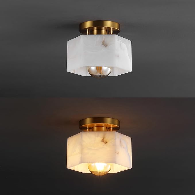 JONATHAN Y 8" Brass Gold Modern 1-Light Hexagonal LED Semi Flush Mount Ceiling Light, White Alabaster Marble Shade, Glam Lamp for Hallway, Bedroom, Bathroom, LED Bulb Included JYL1204A
