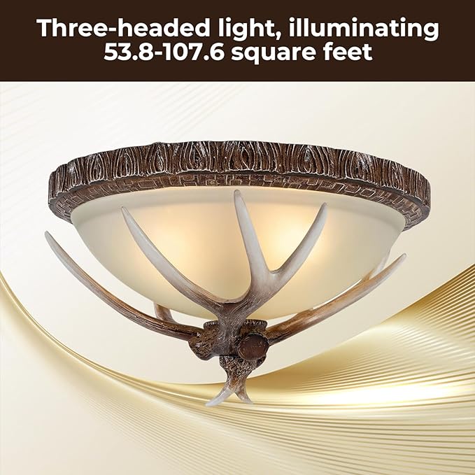Vintage Antler Resin Ceiling Light, 110V Rustic Chandelier Fixture, 40-60W Retro Deer Horn Pendant Lamp, Decorative Flush Mount Lighting with 3 E26 Bulb Sockets for Living Room Bedroom Dining Room