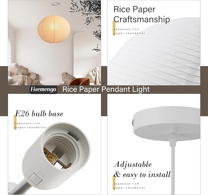 Large Rice Paper Pendant Light 2 Pack, 23.6in White Globe Paper Lantern Lights, E26 Base, Japanese Hanging Lantern Lamp Japandi Chandelier for Dining Room Bedroom Office Living Room