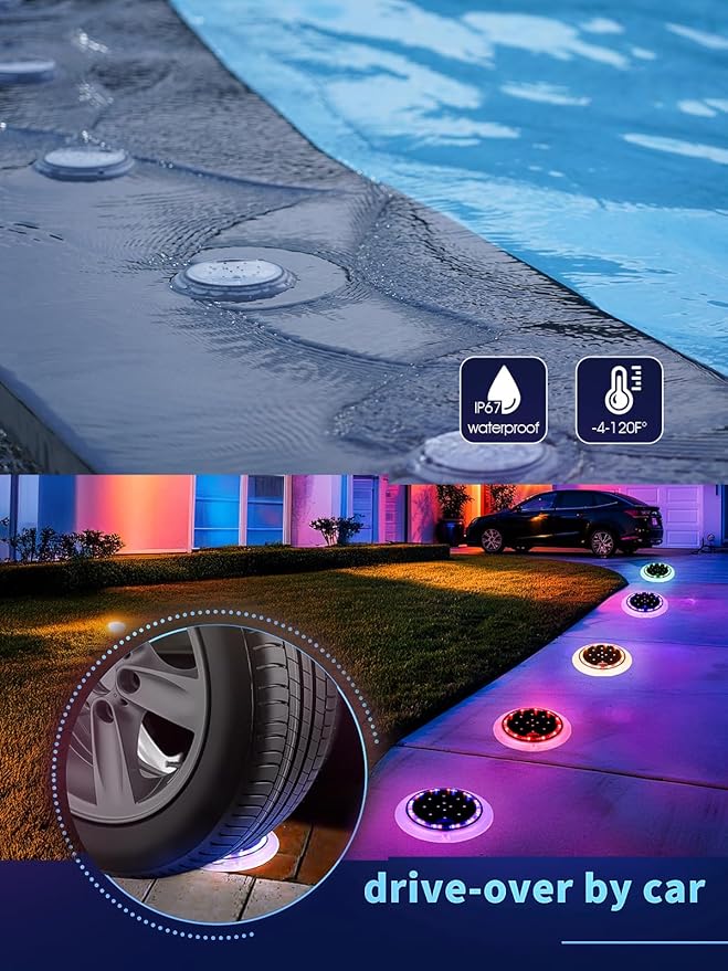 Solar Dock Lights, Color Changing 48 LEDs Super Bright Disc Driveway Light, Outdoor Waterproof Flat Low Profile, Anti-Trip&Anti-Slip for Marine, Ground, Pool, Pier, Deck (RGB-W, 12Pack)