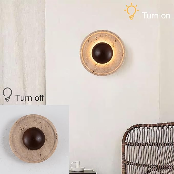 Japanese Style Wabi-Sabi Art Lighting Fixture, Yellow Travertine Wall Light with Wood Shade, Round Natural Stone LED Wall Lamp, Vintage Marble Wall Sconce for Bedroom Living Room(Walnut)