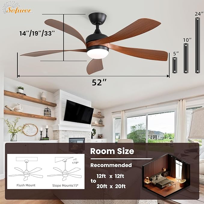 Sofucor 52" Smart Ceiling Fan, Indoor/Outdoor Ceiling Fans with Lights and Remote, Compatible with Alexa/Google/App, 3-Color Light 6-Speed Timing Reversible DC Motor for Bedroom Living Room Patio