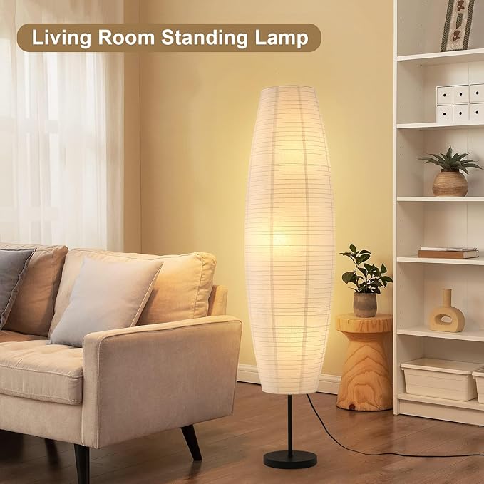 Paper Floor Lamp, White Rice Paper Lamp, 3-Lights, 3 Color Temperature LED Bulbs Included, 54.5in Wabi Sabi Japanese Lantern Standing Light, for Living Room Bedroom Office, 1 Pack