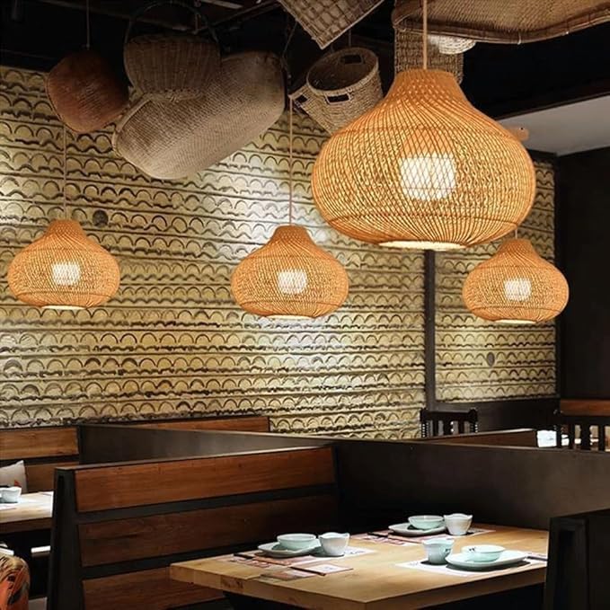 Retro Zen Wabi-sabi Rattan Pendant Light,Hand-Woven Lantern Chandelier,Adjustable Height Wicker Hanging Lamp,Metal Dining Room Fixture for Bedroom Tea Room Hotel Coffee Shop Kitchen Island