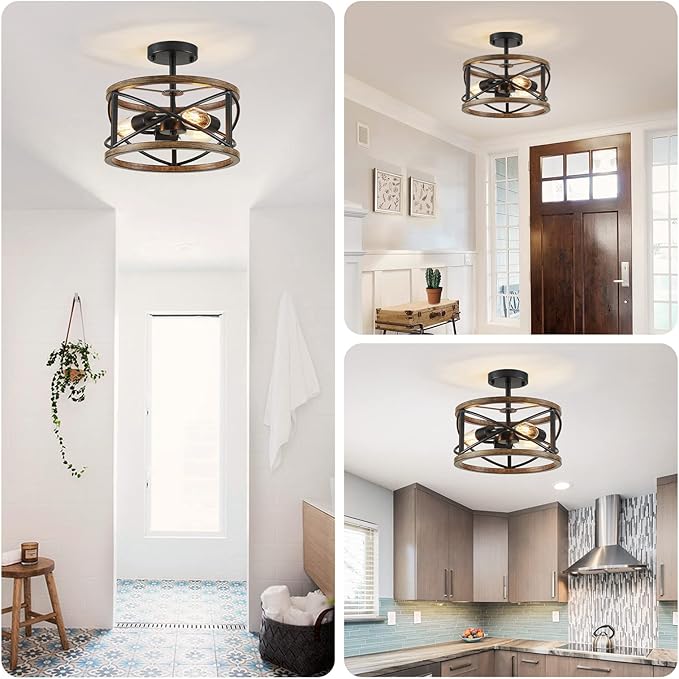 WUZUPS Chandelier 3-Light Imitation Wood Grain Vintage Farmhouse Industrial Semi-Flushmount Ceiling Light Lighting Fixture for Foyer Hallway Storage Room Kitchen Bathroom, H 9.4" W 12", Black