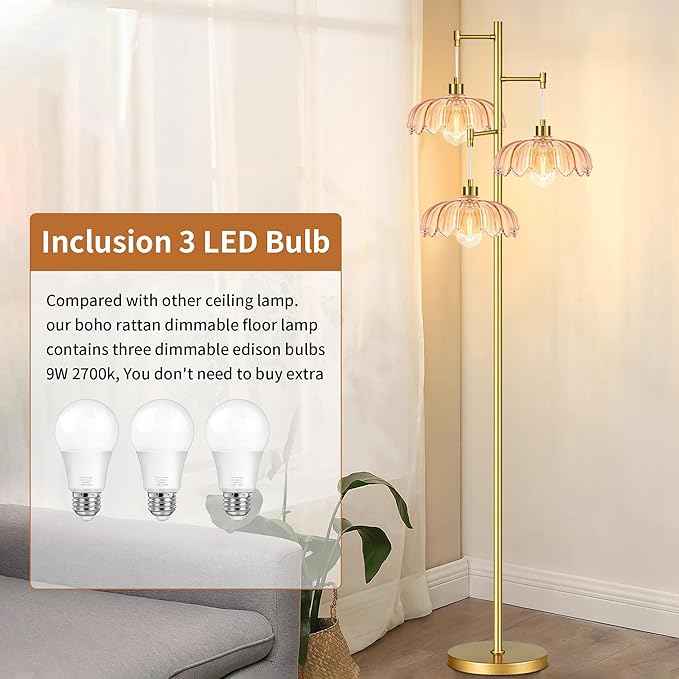 Floor Lamp for Living Room,Bedroom,Gold Mid Century Modern Standing Lamp Brass Tree 3 Light Tall Floor Lamps Vintage Retro Floor Lights Glass Flower Lamp Shade Farmhouse Boho Bohemian