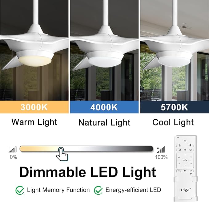 reiga 52 Inch Smart White Ceiling Fan with Light and Remote, ETL Listed Quiet DC Motor 3 Blade Indoor Outdoor Ceiling Fans for Bedroom Living Room Patios - Aura Lighting