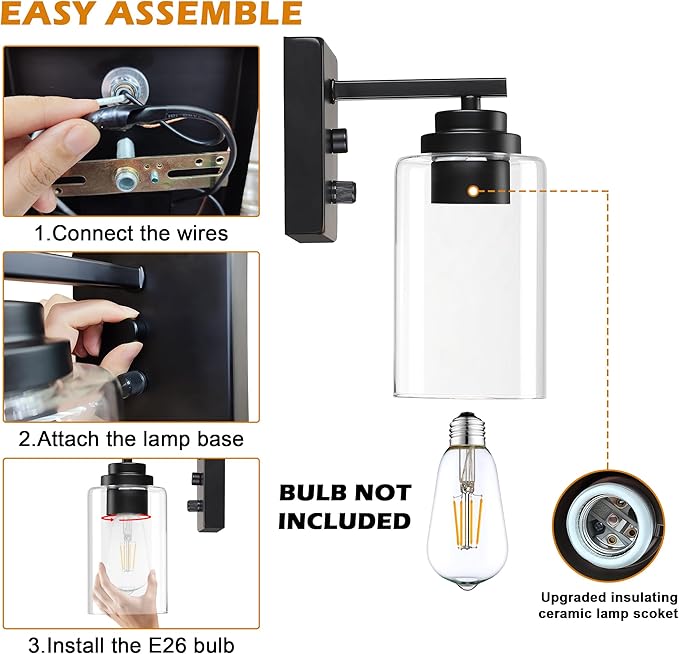 Pia Ricco Wall Sconces Set of Two, Bedside Wall Lamps with Rotary Switch for Bedroom, Modern Bathroom Light Fixtures with Clear Glass Shade, Black Sconces Wall Lights for Living Room, Hallway, Kitchen - Aura Lighting
