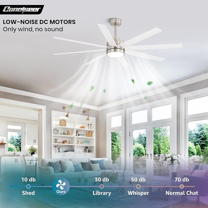 65 Inch Ceiling Fans with Lights and Remote for Bedroom Living Room Kitchen Office, Indoor/Outdoor Use, 3CCT Dimmable, 8 Blades 6 Speed Reversible Quiet DC Motor, Sand-nickel/White