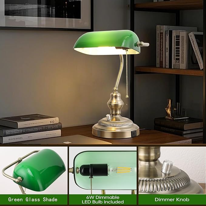Rustic Banker's Desk Lamp Stepless Dimmable, Traditional Bankers Desk Lamp with USB Port and Outlet, Vintage Farmhouse Table Lamp for Home Office Library