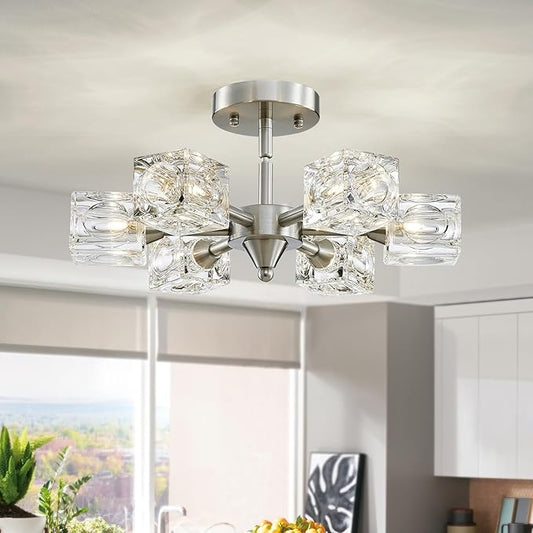 XINGQI 6-Lights Semi Flush Mount Ceiling Light Fixture,16.9" Modern Chandelier Brushed Nickel Lighting Fixtures Sputnik Chandeliers for Dining Room Living Room Kitchen Bedroom Entryway - Aura Lighting