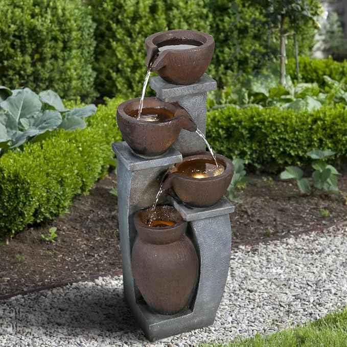 SunJet 4-Tier Outdoor Water Fountain Resin Waterfall Fountains Decor with LED Lighting Natural Polyresin Looking Stone Decor for Garden Patio Fold Court Yard Deck 11.4" L x 11.8" W x 32.8" H