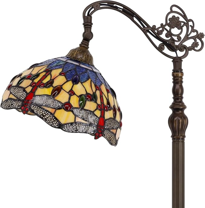 Tiffany Lamp Shade Replacement 12X6 Inch Stained Glass Lampshade Only 1-5/8-Inch Fitter Opening for Arched Floor Lamp, Torchiere Lamp, Pendant Light (Orange Blue Dragonfly)