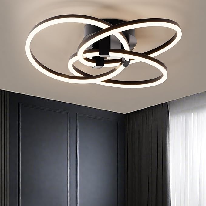 Maxax 3 Ring LED Ceiling Light Fixture, 23"W * 7.5"H, Circle Modern Semi Flush Mount Chandelier, AL Alloy Frame, 45W Dimmable, ETL, for Bedrooms, Living room, Kitchen, Entryway, Hallway, Matte Black
