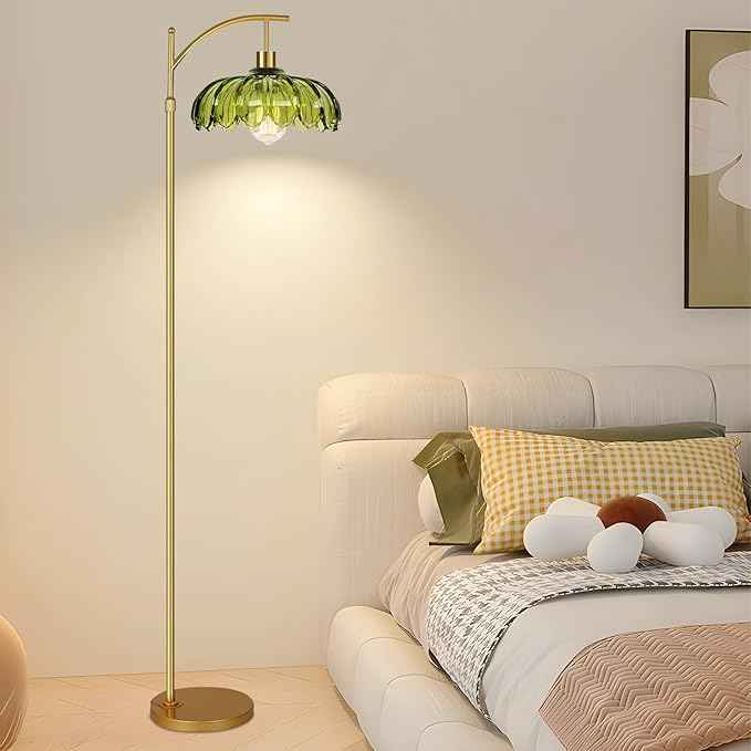 Gold Floor Lamps for Living Room Vintage Green Floor Lamp with Remote Control & Glass Lampshape,Dimmable Mid Century Modern Standing Lamp Tall Flower Lamp Brass Floor lamp for Bedroom Corner