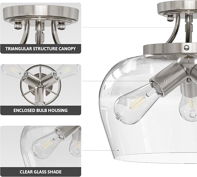 VONLUCE Semi Flush Mount Ceiling Light, 13.8" Ceiling Light Fixture with Clear Glass Shade, E26 Base, 3-Bulb Industrial Lighting Fixture for Hallway Entryway Bedroom, Brushed Nickel, ETL Certificated - Aura Lighting