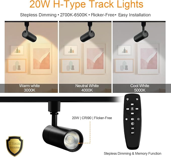 Black 20W Track Lighting Heads,2700K-6500K Stepless Dimming H Type LED Track Light Heads Dimmable Rail Ceiling Spotlight Fixtures Accent,CRI90+ 24° 1800LM,4 Pack - Aura Lighting