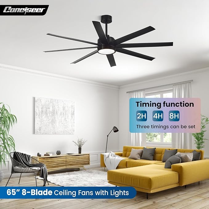 Modern Ceiling Fans with Lights, 65 Inch Ceiling Fan with Light and Remote for Bedroom Living Room Kitchen Office, Indoor/Outdoor Use, 24W 3CCT 8 Blades 6 Speed Reversible Quiet DC Motor, Black