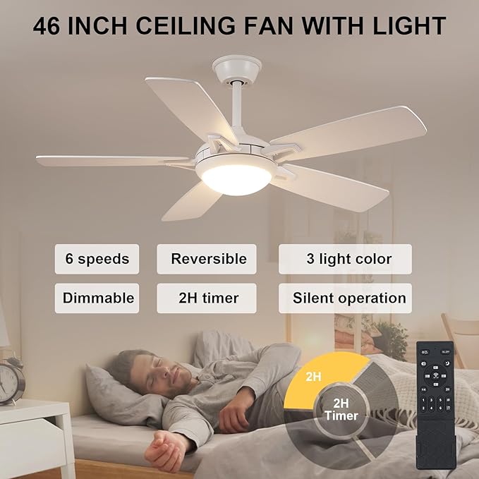 Ceiling Fans with Lights and Remote, 46 Inch Modern Ceiling Fan with Light, White Ceiling Fans for Bedroom Living Room Indoor/Outdoor, Reversible Quiet Motor, Dimmable LED Light, White
