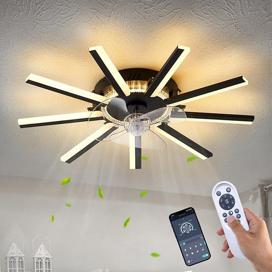 HuixuTe 27" Black Straight Strip Ceiling Fan with Lights Remote Control, 3 Colors 6 Speeds Low Profile Ceiling Fan with Light for Kitchen Bedroom