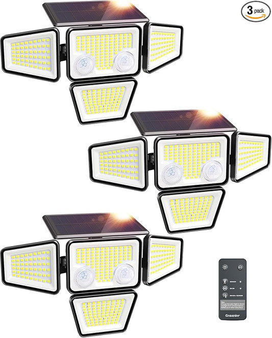 Ensenior Solar Lights Outdoor, Motion Sensor Outdoor Light with Remote Control, IP65 Waterproof 279 LED 4 Heads Solar Security Light with 4 Mode, 270° Wide Angle Solar Flood Light for Outside, 3 Packs