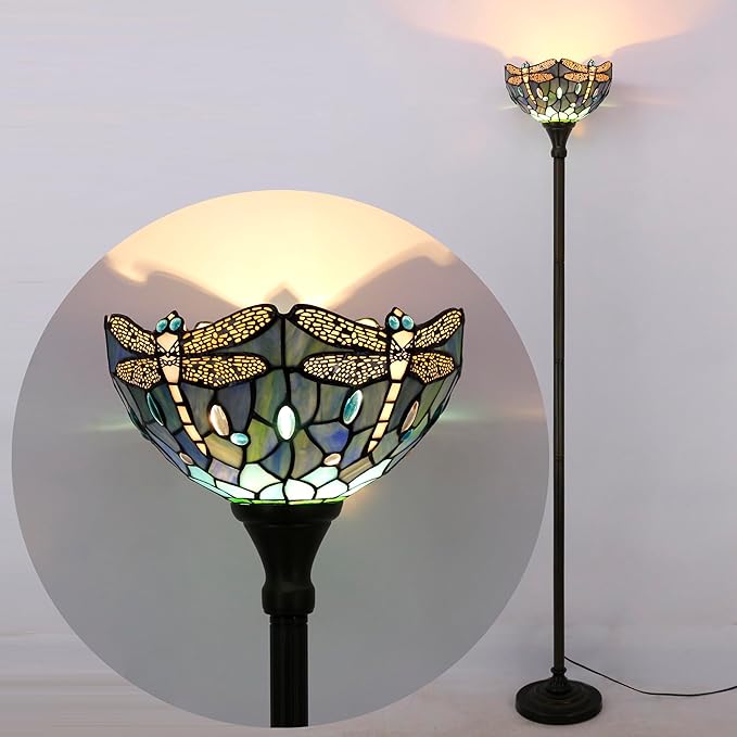 Tiffany Torchiere Floor Lamp Stained Glass Blue Dragonfly Style Standing Corner Torch Uplight 12X12X72 Inch for Bedroom Living Room Home Office