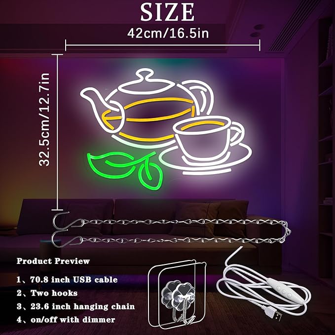 Tea Neon Sign for Wall Decor Tea Pot Neon Light Drinks LED Neon Signs Colorful Tea Cup Led Neon Sign for Teashop Store Cafe Coffee Shop Mall Kitchen Tea Plantation Decoration